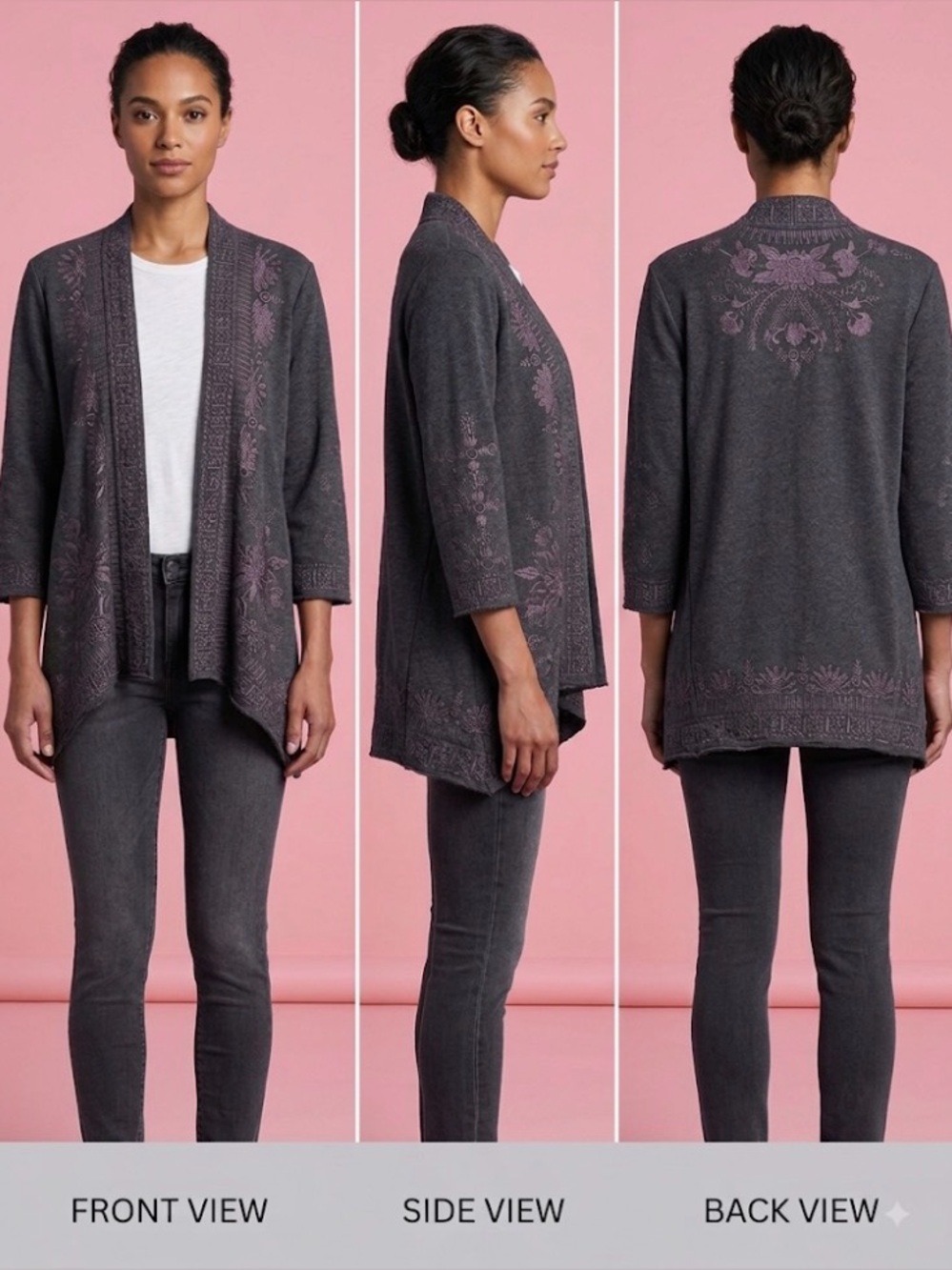 Johnny Was Embroidered Open-Front Charcoal Women’s Sweater Cardigan size Med